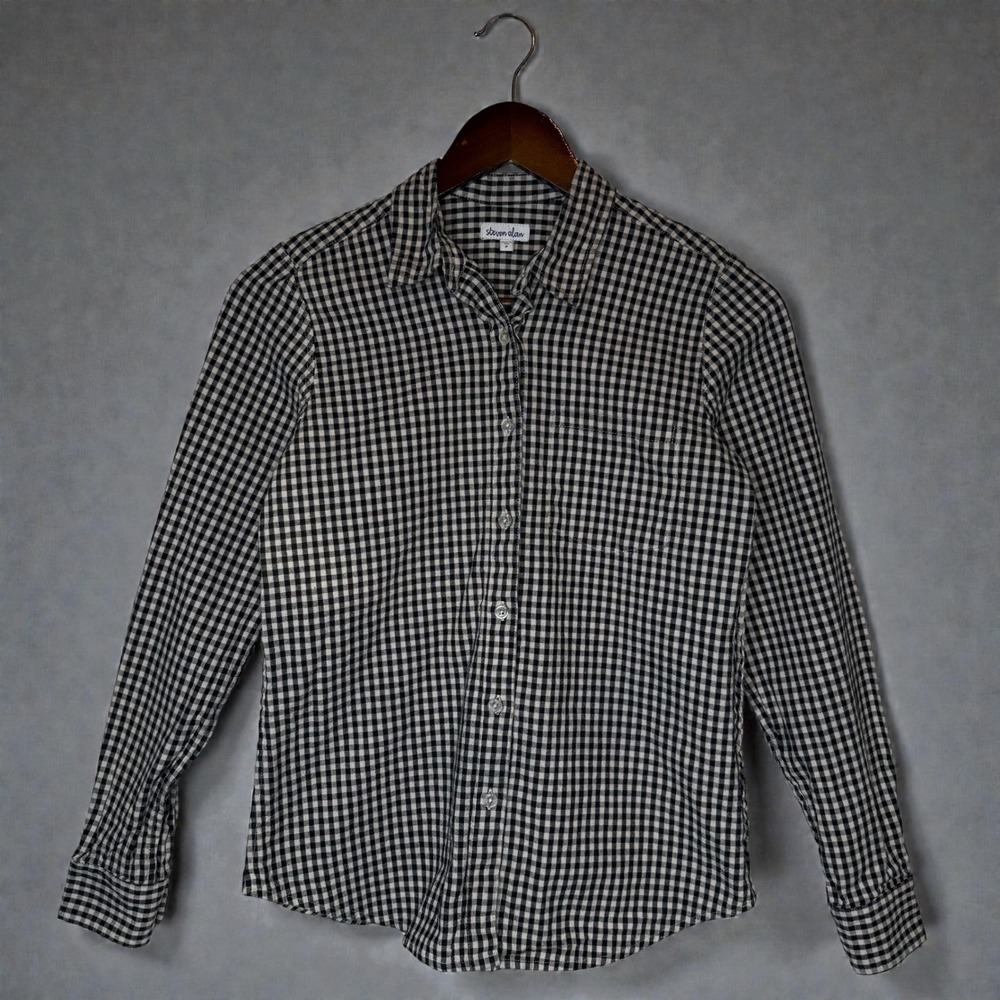Steven Alan Gingham Cotton Button Up Shirt in Black and Cream Long Sleeve P / XS